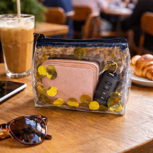 Upcycled cosmetics purse made from repurposed pool inflatables