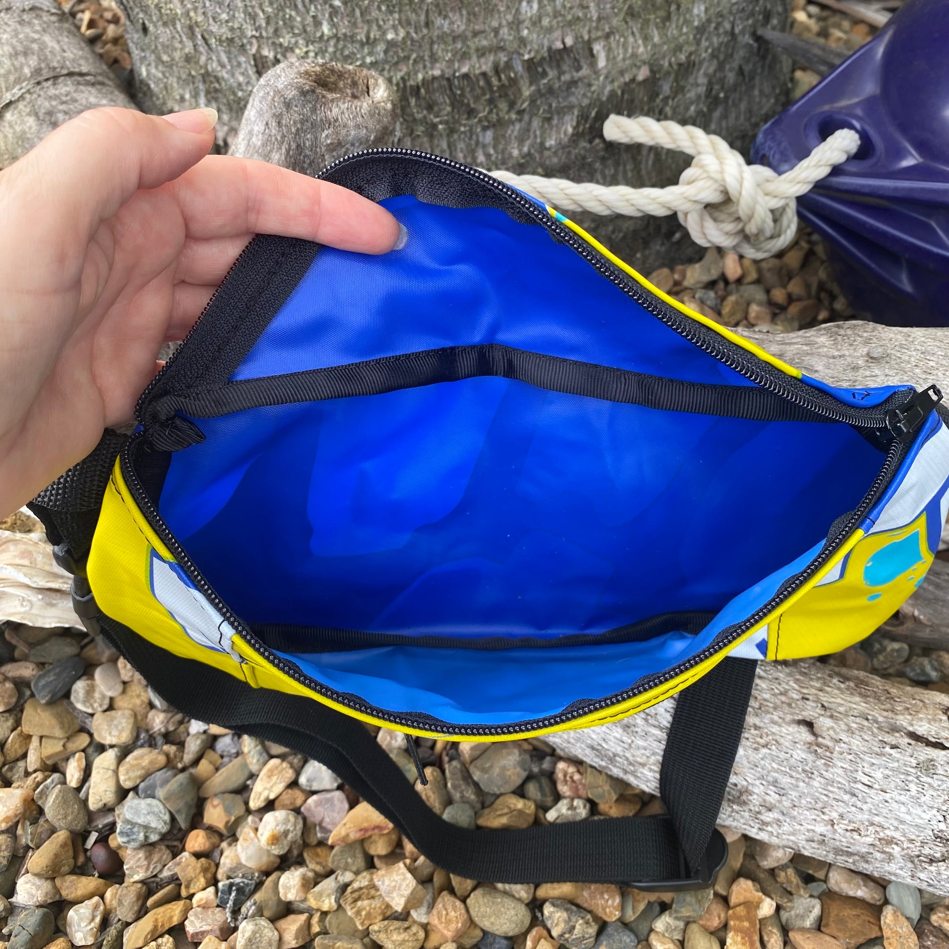 Unique slowfashion bumbag that is waterproof and handmade from recycled and upcycled pvc