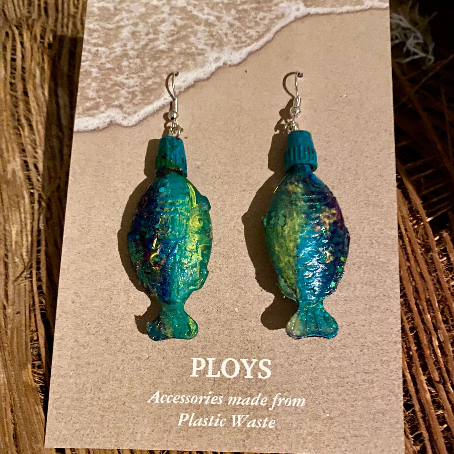 Fish Earrings from Soy fish Containers and Upcycled Pool Inflatables | Stylish Eco Accessories