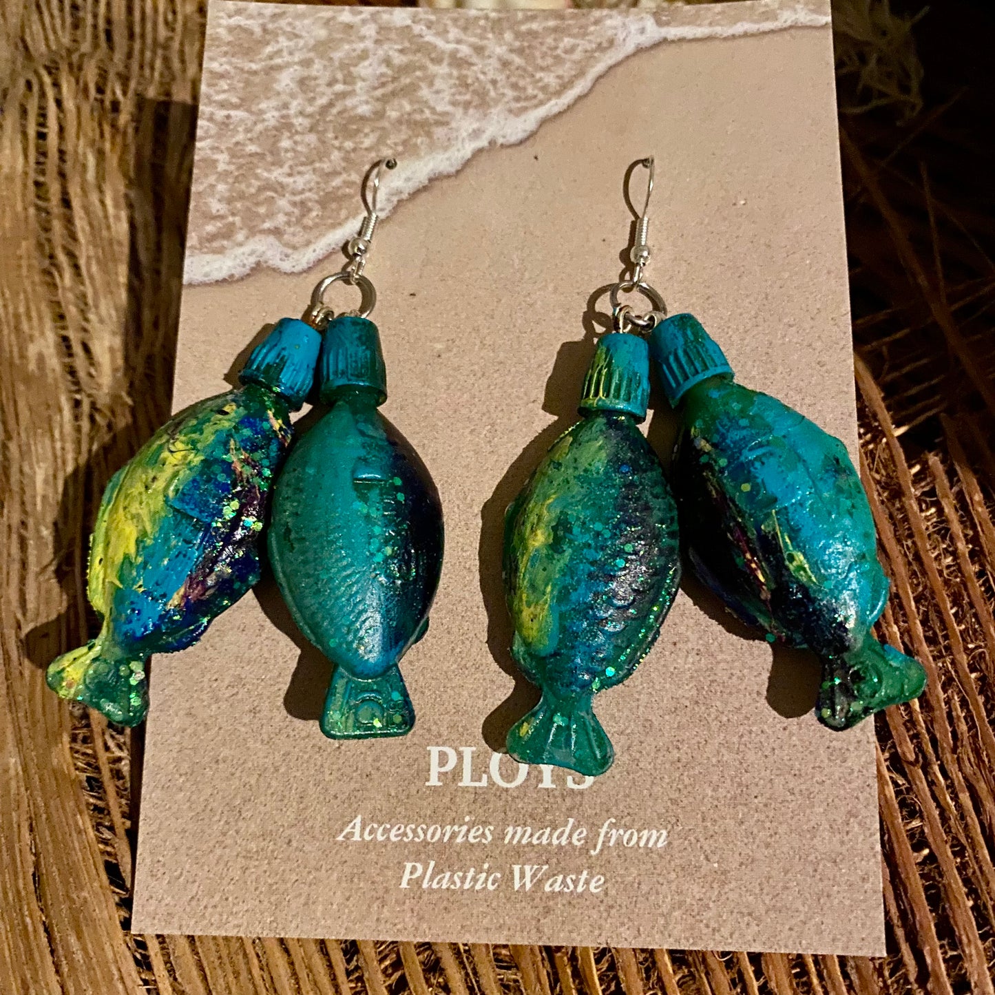 Fish Earrings from Soy fish Containers and Upcycled Pool Inflatables | Stylish Eco Accessories