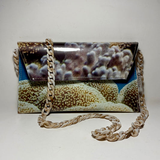 Coral Great Barrier Reef, Clear Vinyl Recycled Evening Purse Clutch, Upcycled fabric lined