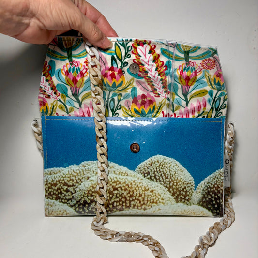 Coral Great Barrier Reef, Clear Vinyl Recycled Evening Purse Clutch, Upcycled fabric with Australian native flowers