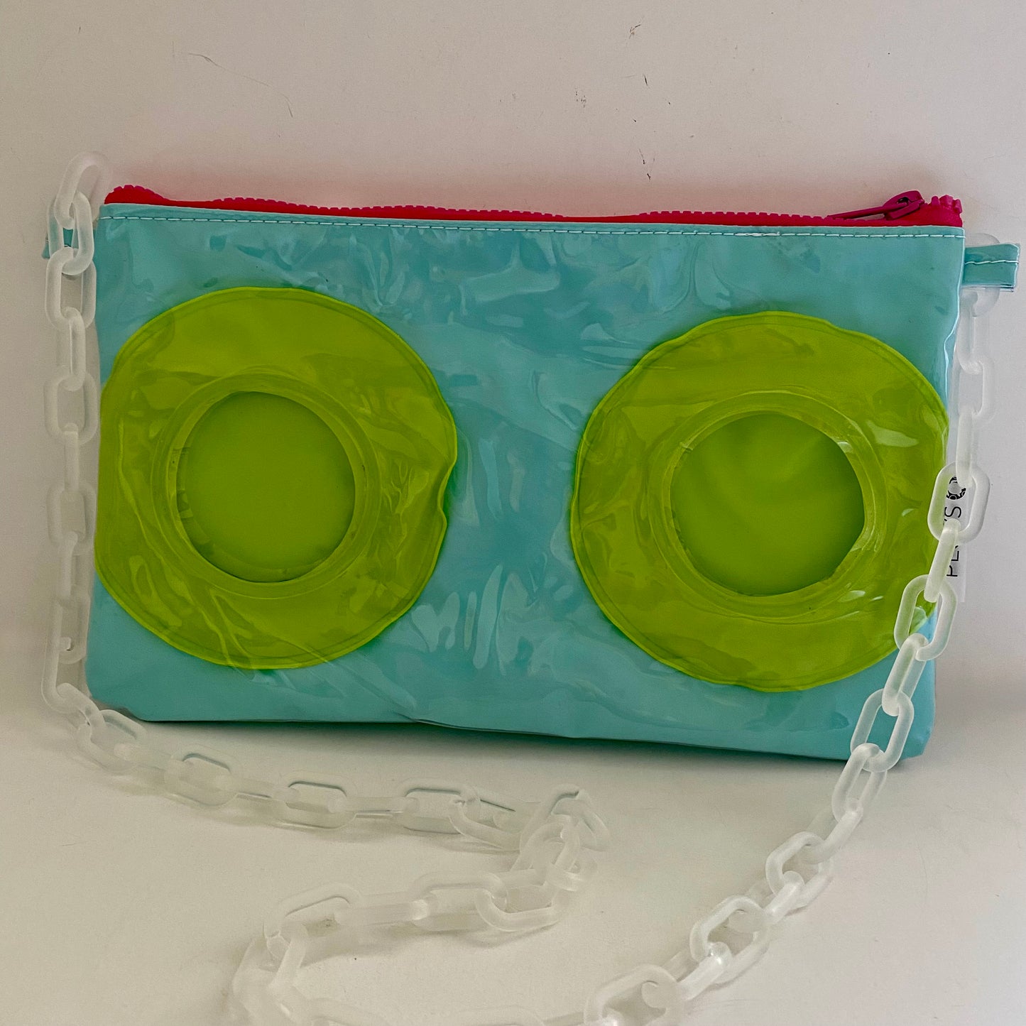 Bright retro green and turquoise purse sustainably made from upcycled pool inflatables