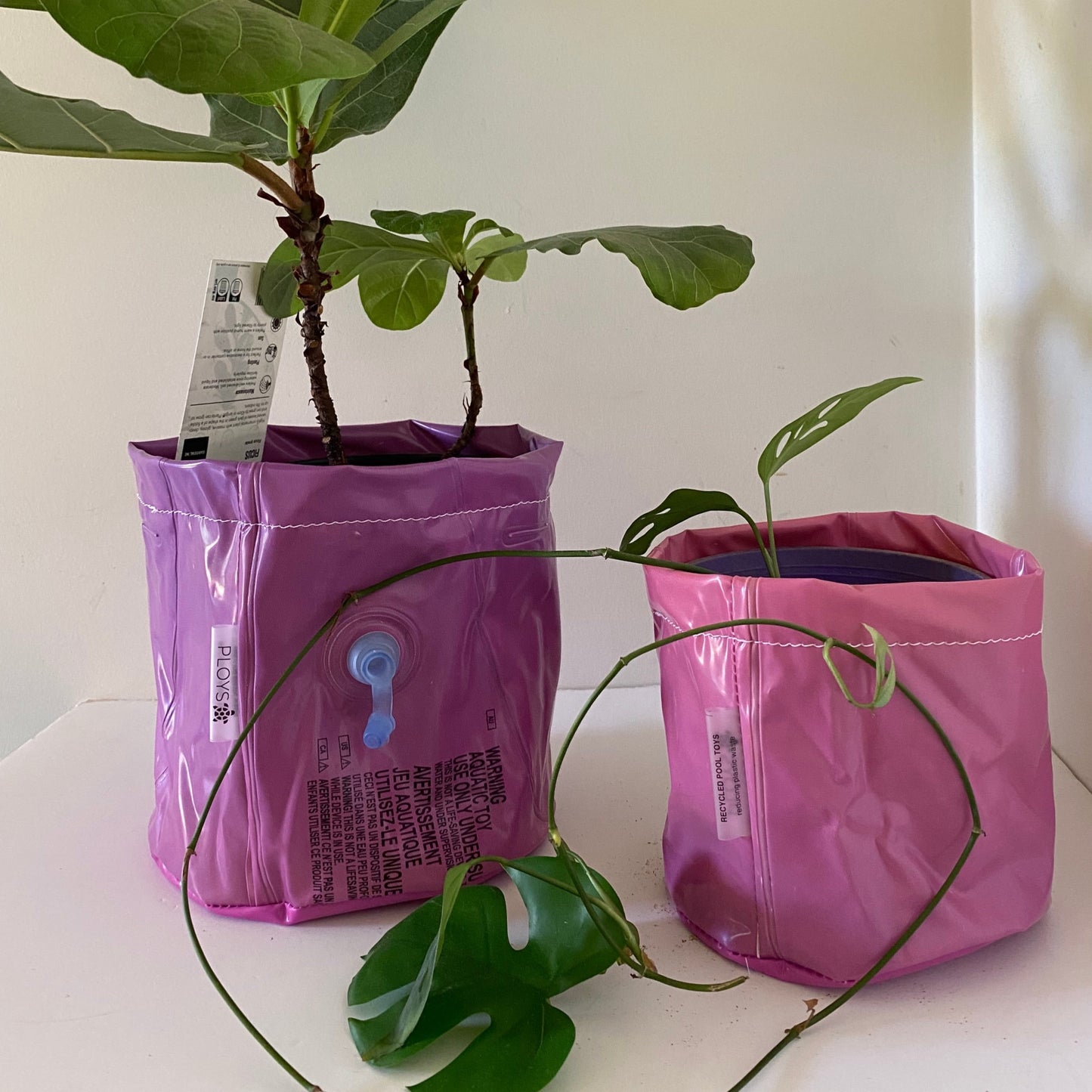 Unique sustainably handmade vegan waterproof planter made from recycled pvc for interior designers