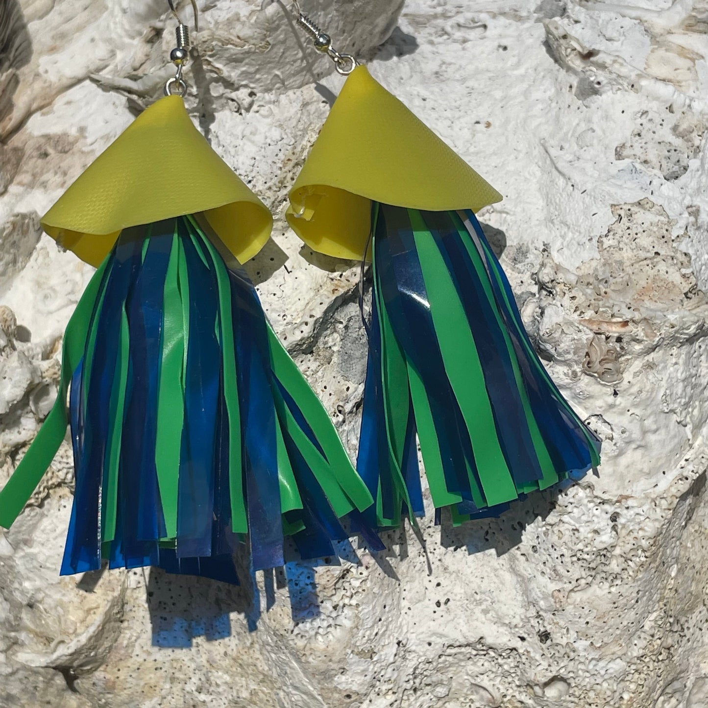 Fish Earrings from Soy fish Containers and Upcycled Pool Inflatables | Stylish Eco Accessories