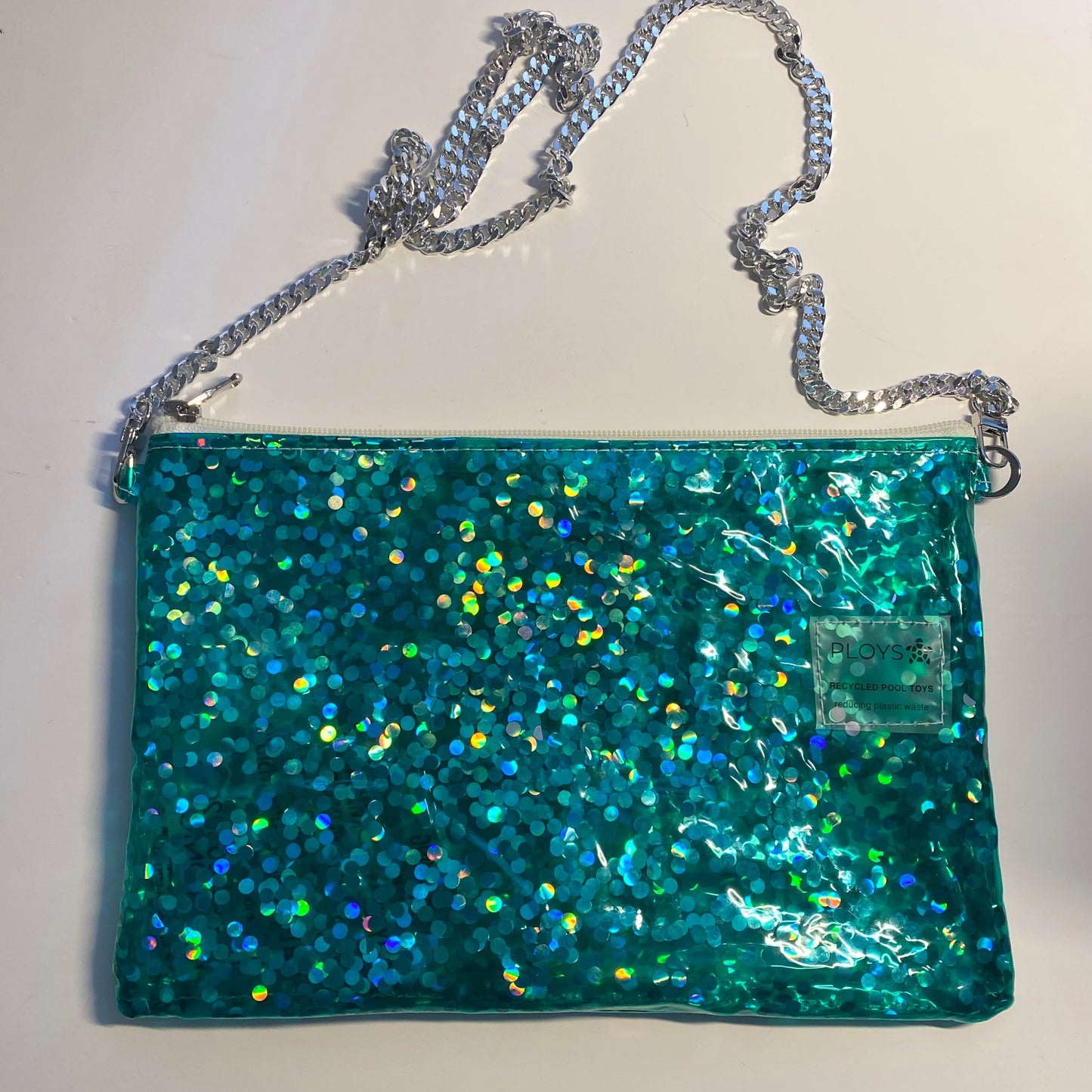 Green glitter purse sustainably made from upcycled pool inflatables