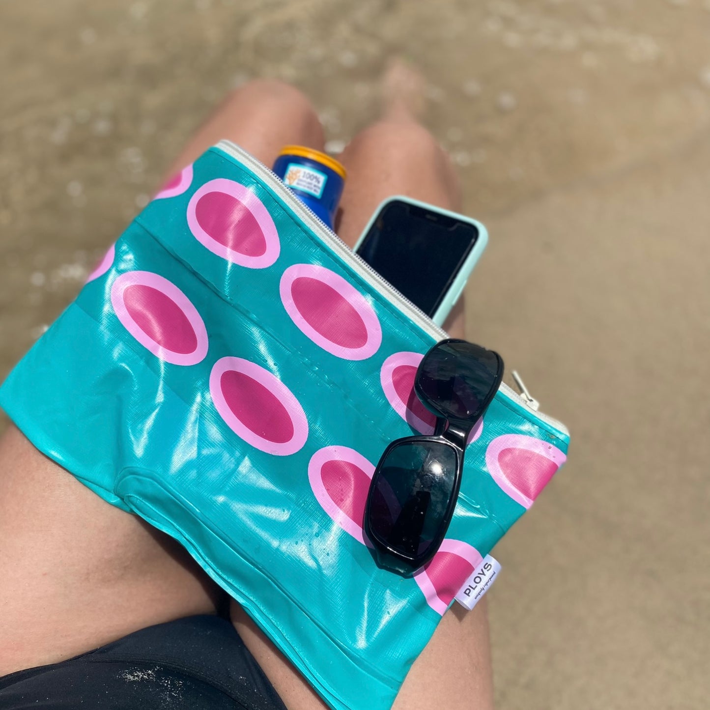 Waterproof Wet and Dry Bag or Large purse sustainably made from upcycled plastics, the best eco bag for period undies, swimmers and babies nappies or sun protection