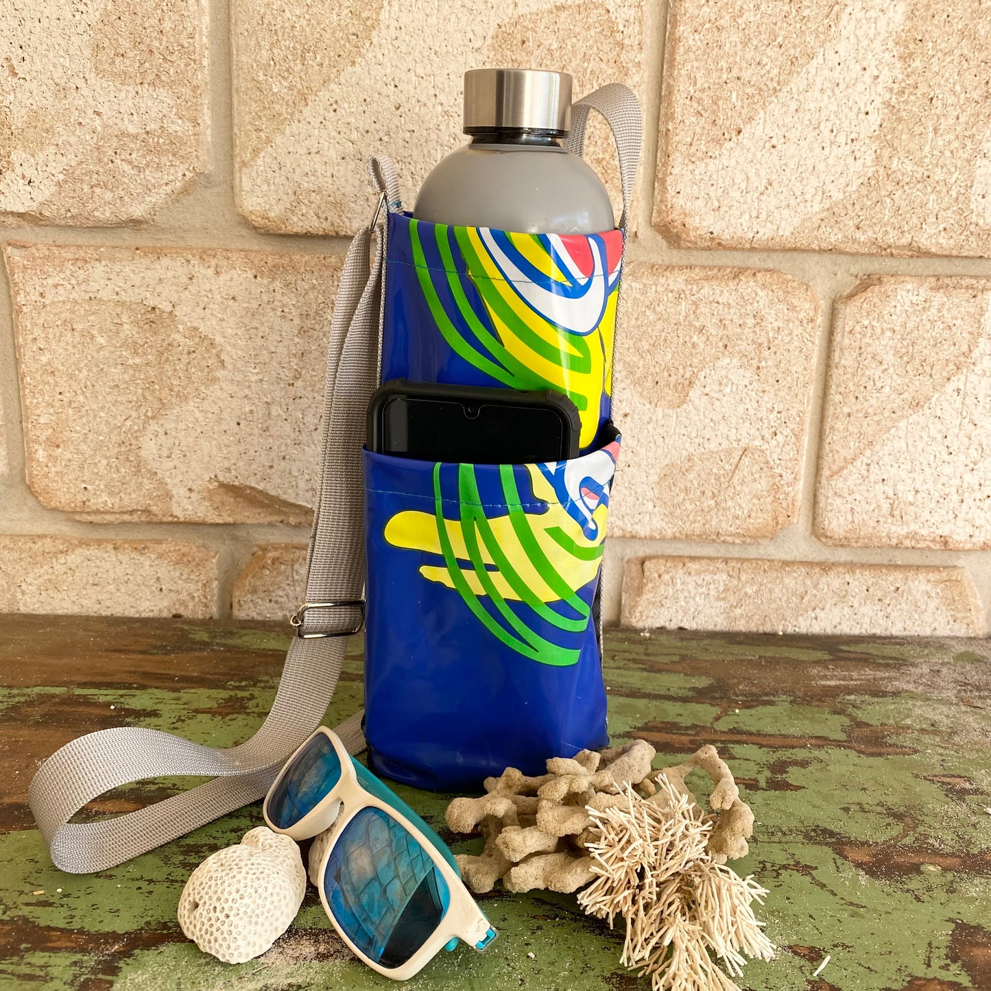 Water Bottle & Mobile Phone Carrier made from recycled pool inflatables