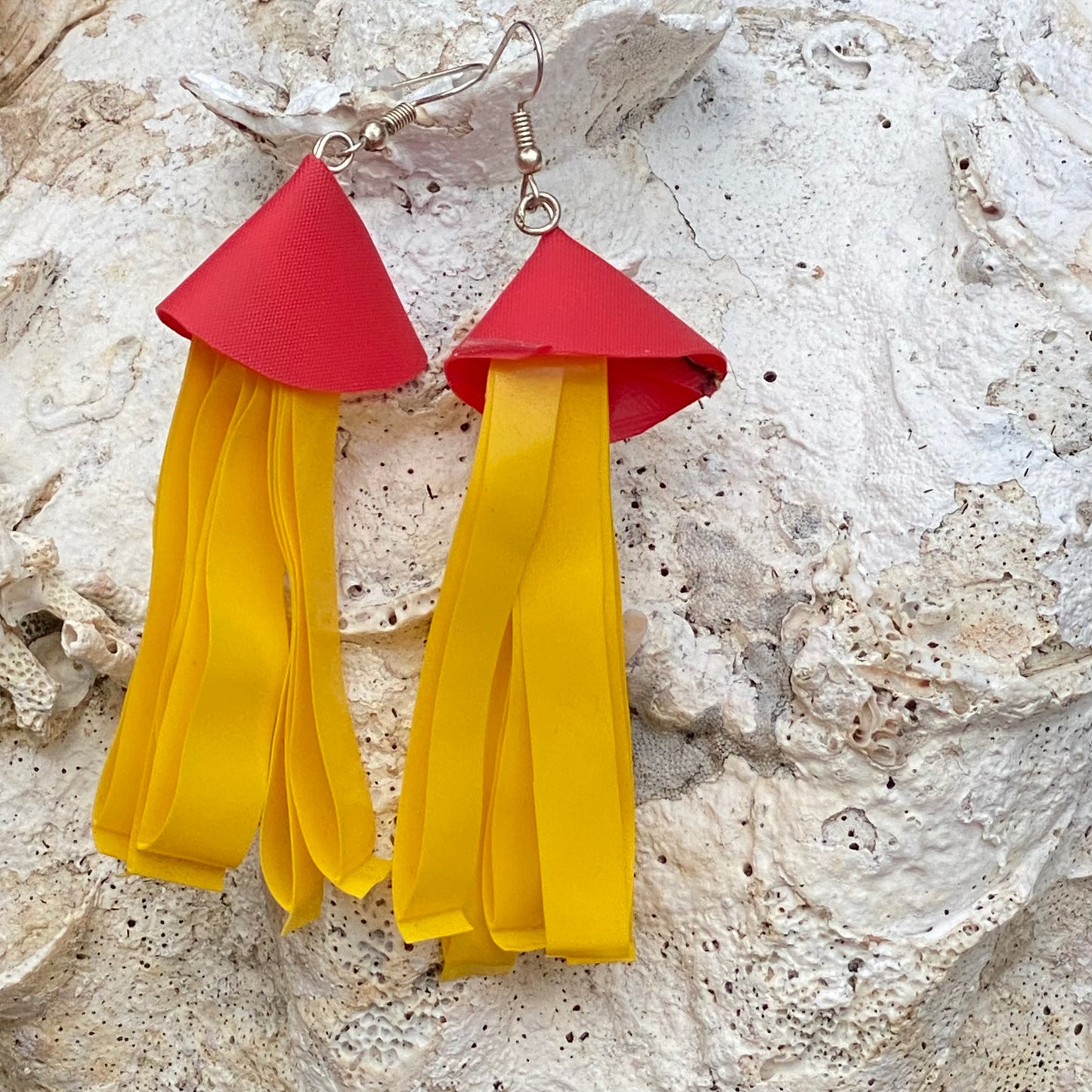 Fish Earrings from Soy fish Containers and Upcycled Pool Inflatables | Stylish Eco Accessories