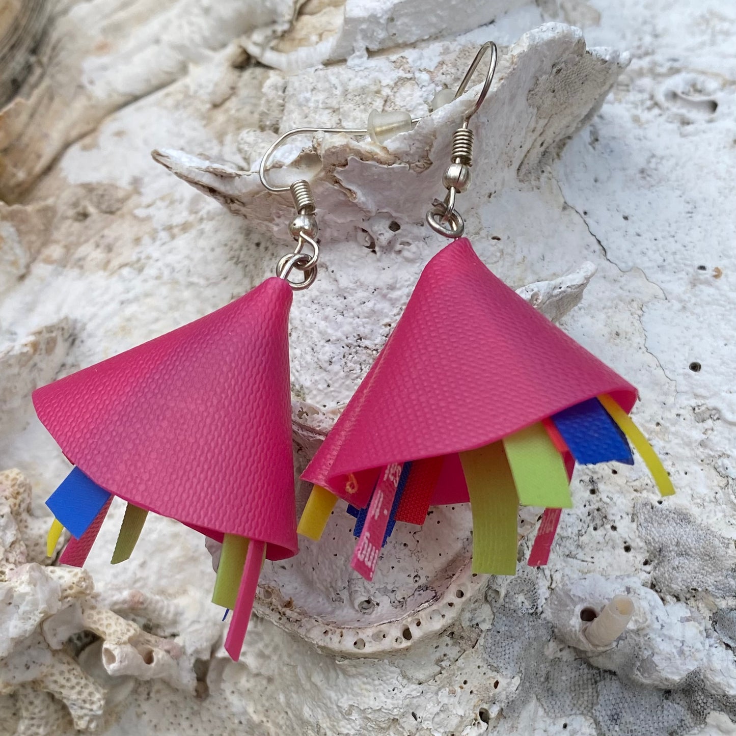 Fish Earrings from Soy fish Containers and Upcycled Pool Inflatables | Stylish Eco Accessories