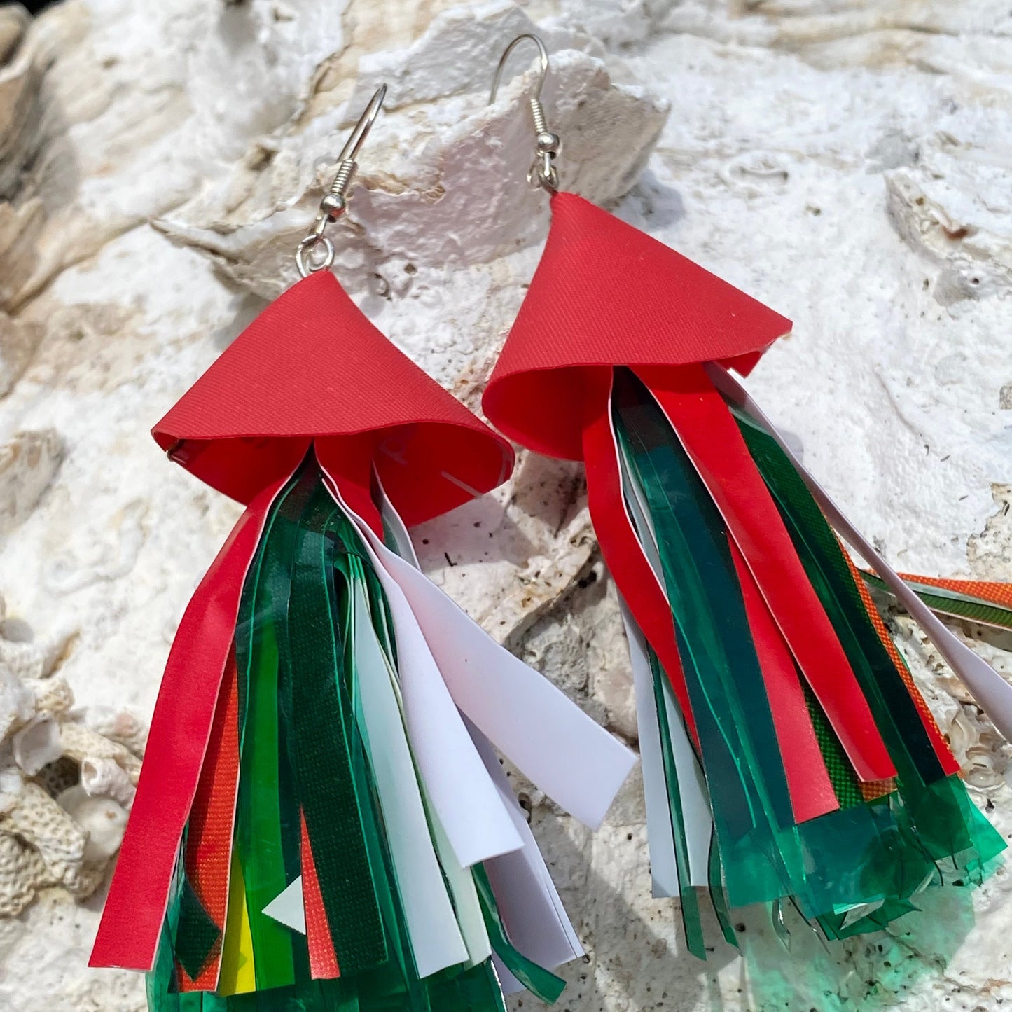 Fish Earrings from Soy fish Containers and Upcycled Pool Inflatables | Stylish Eco Accessories