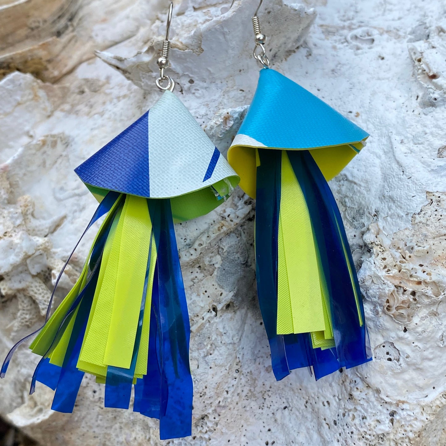 Fish Earrings from Soy fish Containers and Upcycled Pool Inflatables | Stylish Eco Accessories