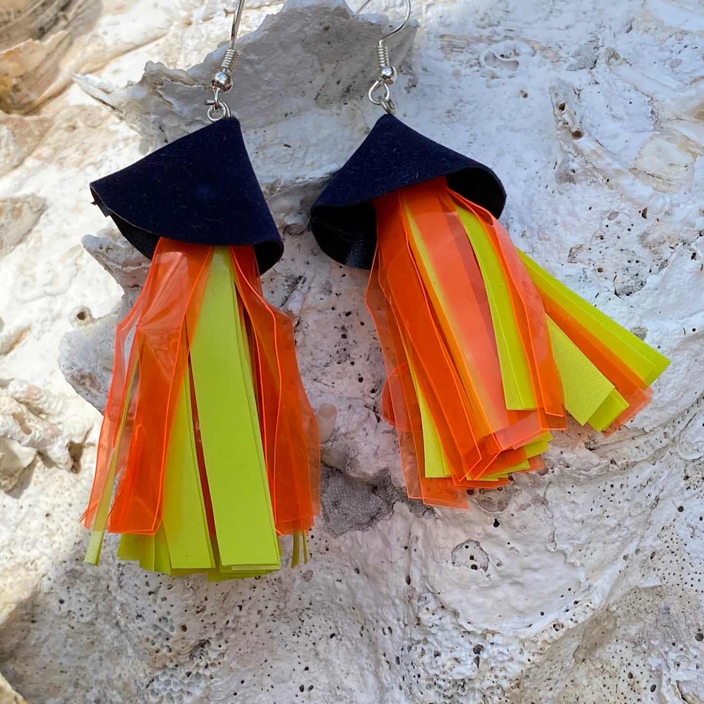 Fish Earrings from Soy fish Containers and Upcycled Pool Inflatables | Stylish Eco Accessories