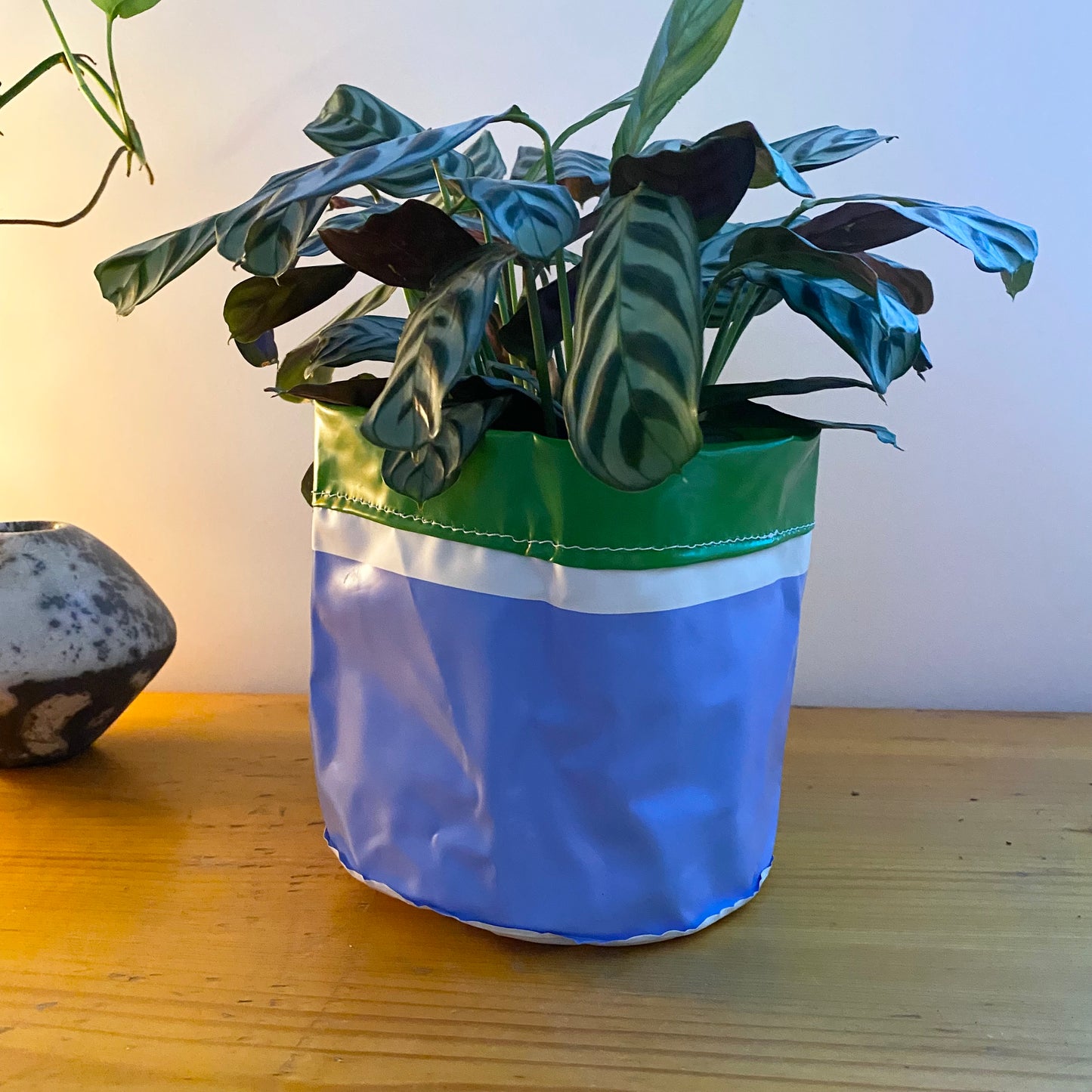 Unique sustainably handmade vegan waterproof planter made from recycled pvc for interior designers