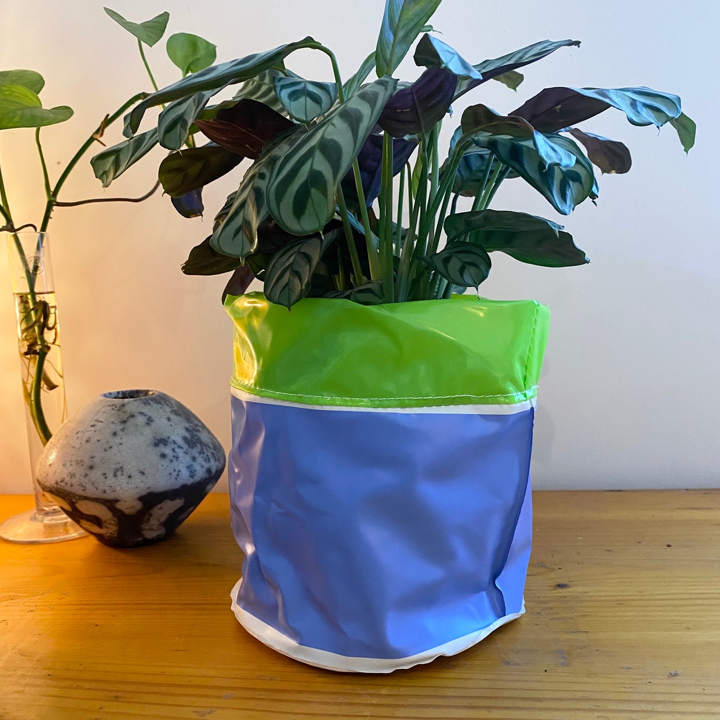 Unique sustainably handmade vegan waterproof planter made from recycled pvc for plant lovers