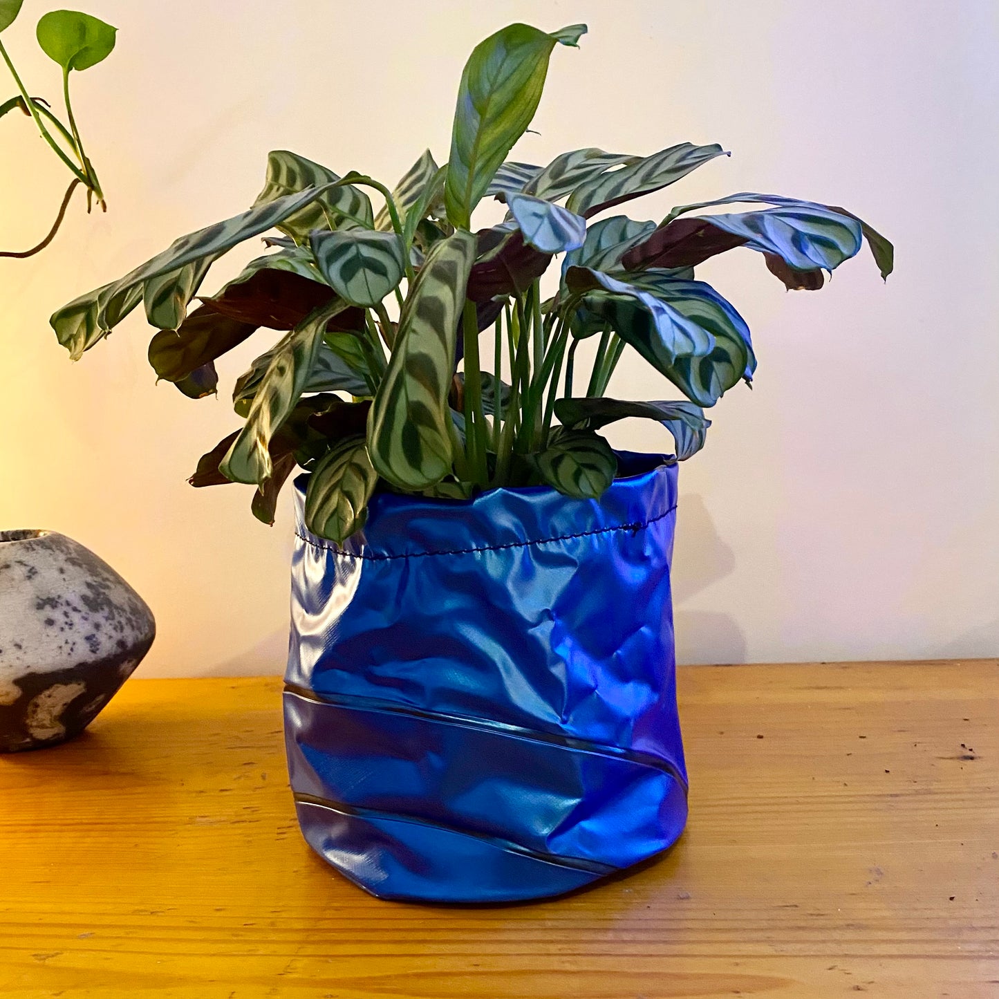 Unique sustainably handmade vegan waterproof planter made from recycled pvc for plant lovers