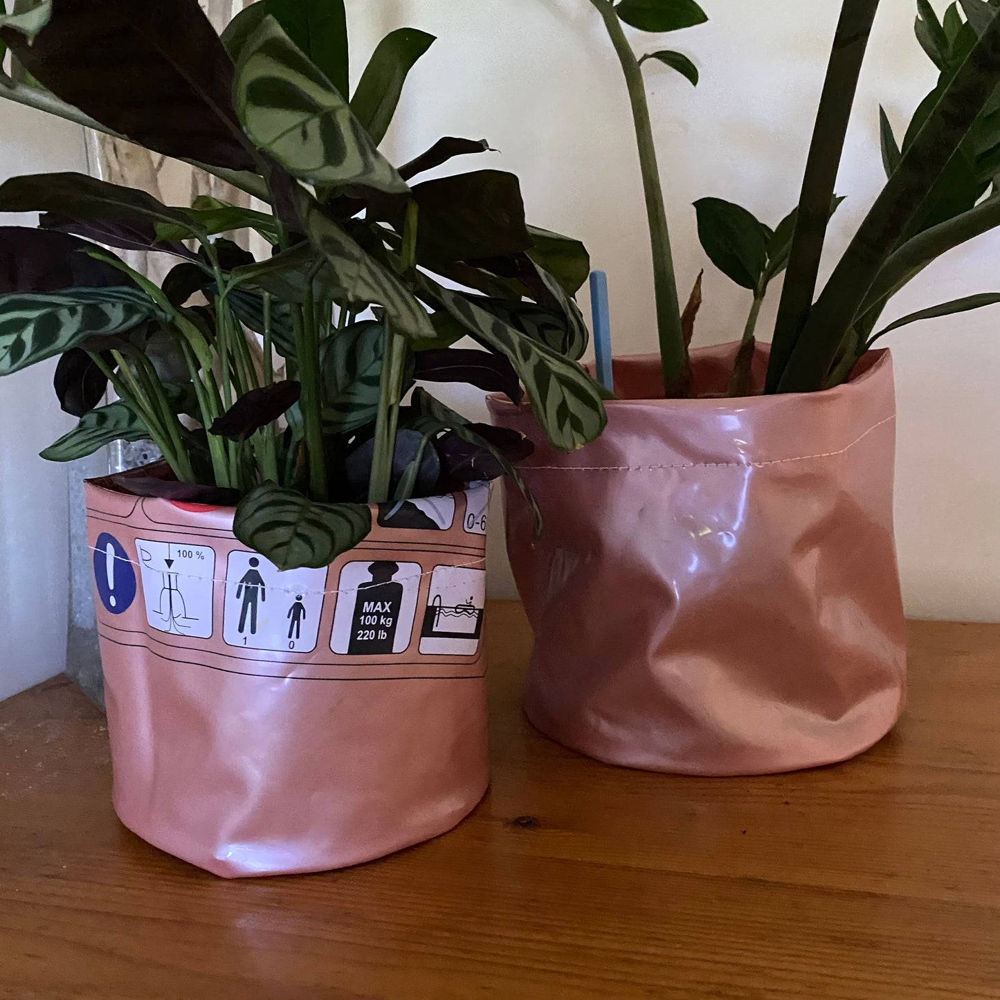 Unique sustainably handmade vegan waterproof planter made from recycled pvc for plant lovers