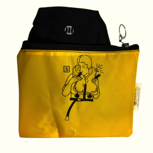 Aircraft life vest upcycled into wet bag, waterproof, strong and lightweight for packing swimming, period undies and storing cosmetics