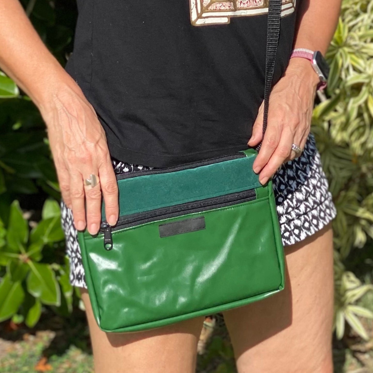 Recycled cross body bag made from repurposed air mattresses, vibrant grass green colour