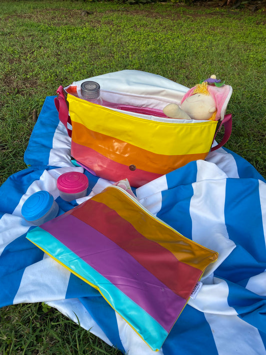 Nappy Bag made from pool inflatables! Perfectly weather and spill proof.