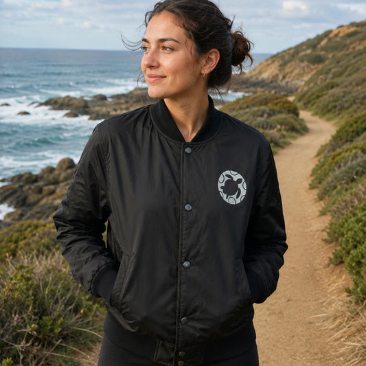 Plastic-Free Oceans College Bomber Jacket by PLOYS – Float to Fashion Circular Fashion Statement