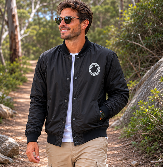 Plastic-Free Oceans College Bomber Jacket by PLOYS – Float to Fashion Circular Fashion Statement