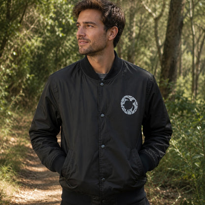 Bomber jacket made from 100% recycled plastic with turtle logo in black and white, warm for cooler temperatures