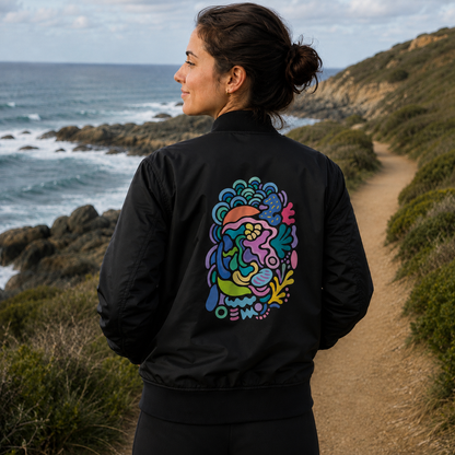 Bomber jacket made from 100% recycled plastic with multi coloured ocean art, warm jacket for cooler temperatures