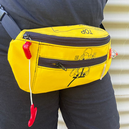 Upcycled Bum bag made from aircraft life vests, with large iconic zipper puller and light beacon, a sustainable bag for walks and festivals 