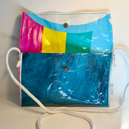 Multicoloured pouch purse with a clear vinyl ocean themed art print and rope handle
