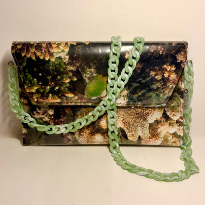 Vinyl art canvas clutch purse or cross body bag made from clear vinyl upcycled pvc sewn into sustainable purse