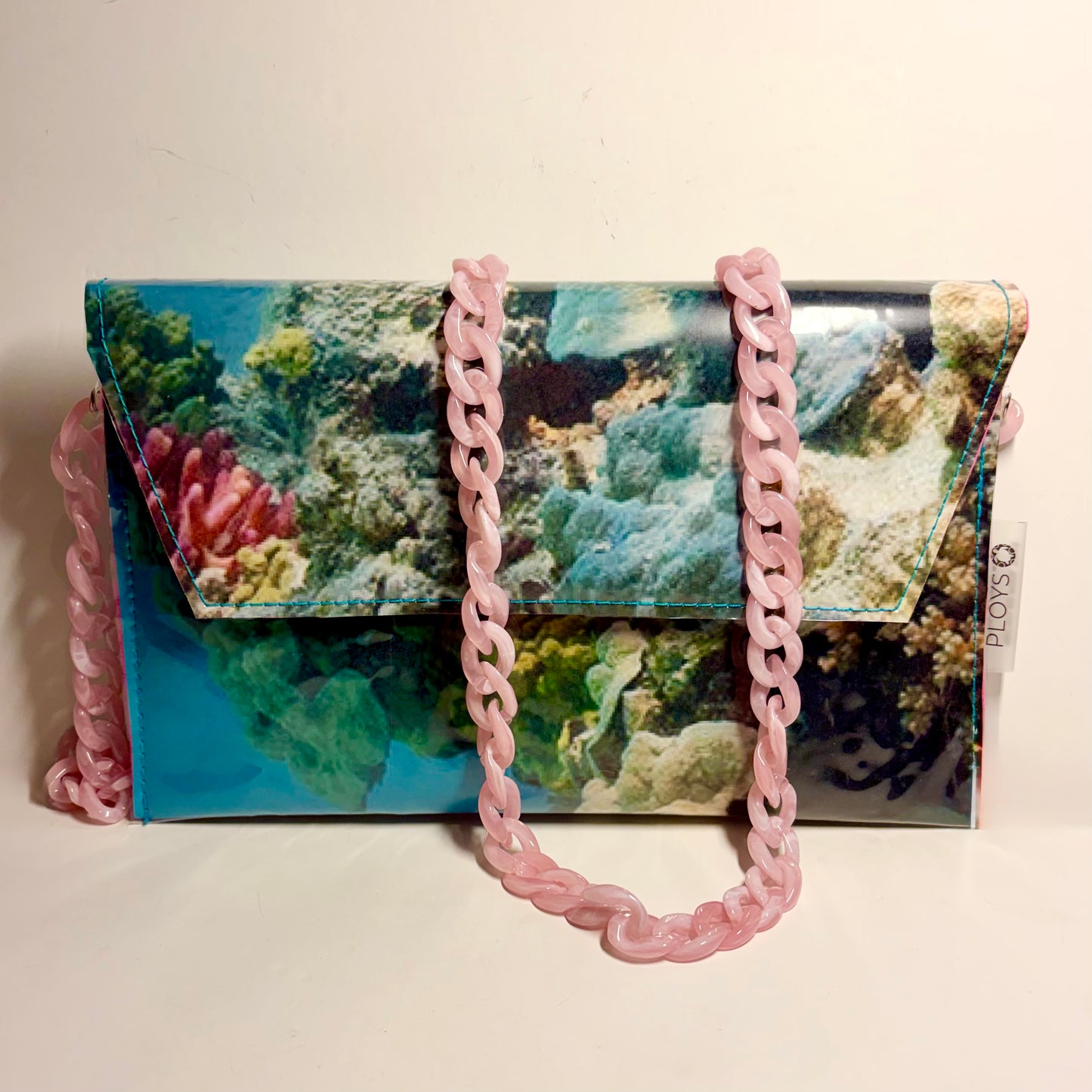 Handbag with coral reef design and pink chain strap handmade from upcycled plastic and fabrics 