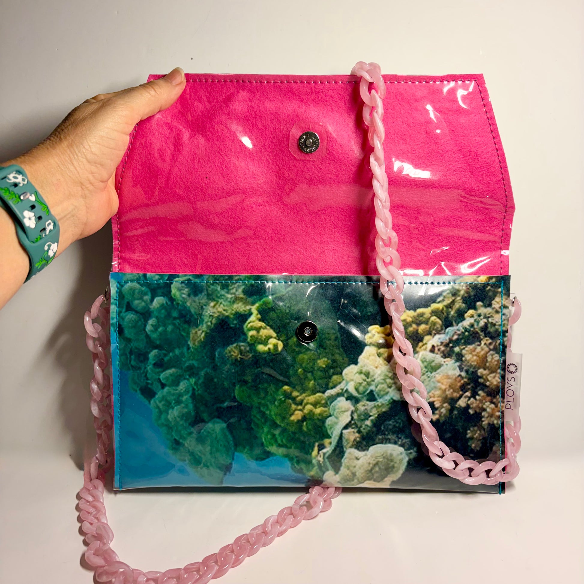 Pink handbag with coral design upcycled art handmade from recycled plastic 