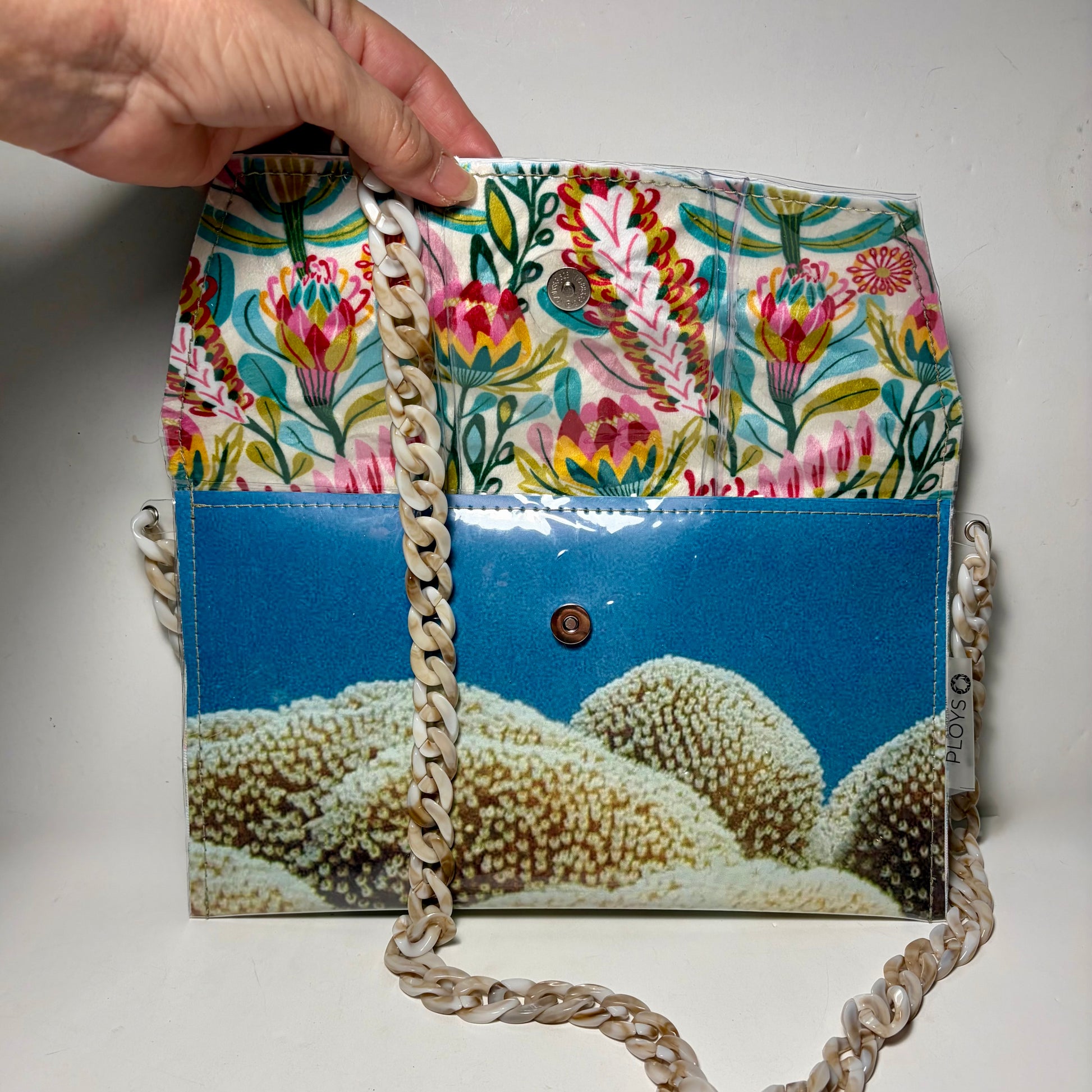 Coral Great Barrier Reef, Clear Vinyl Recycled Evening Purse Clutch, Upcycled fabric with Australian native flowers 
