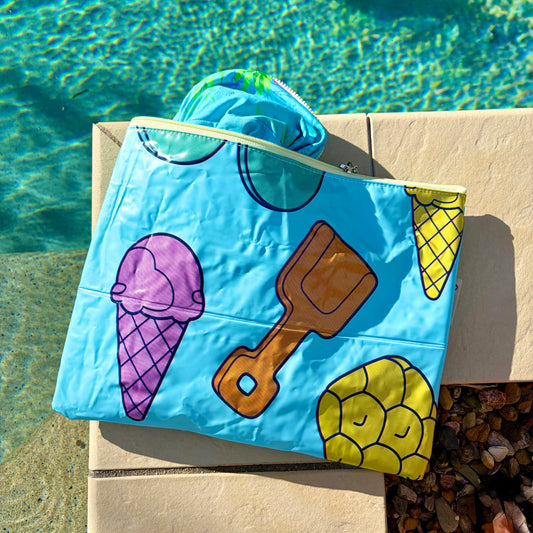 Wet Bag waterproof made from recycled pool floats with bright fun beach pattern recycling plastic waste 