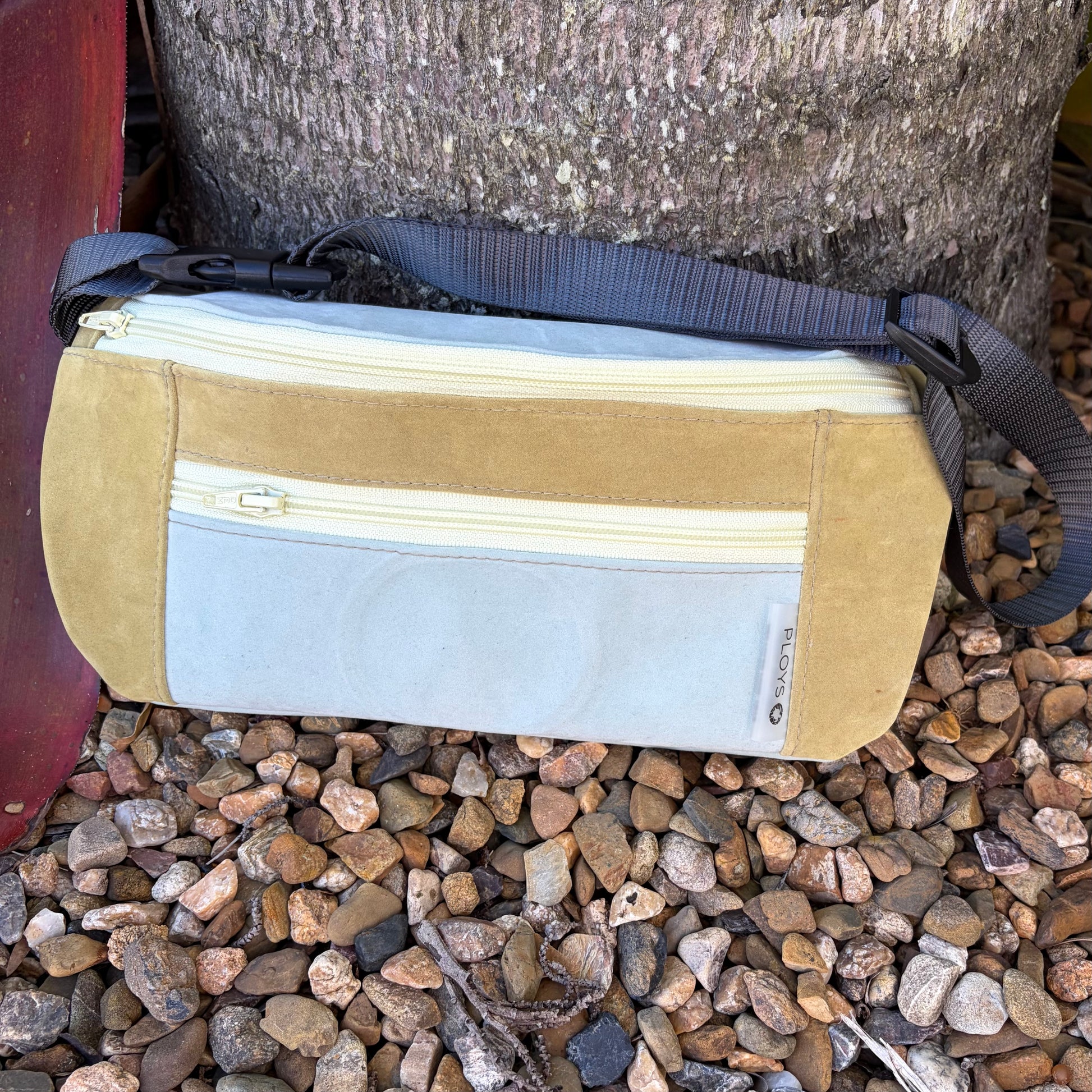 Velvet soft leather like sturdy weather proof bum bag with a long strap handmade from upcycled pvc 