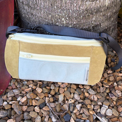 Velvet soft leather like sturdy weather proof bum bag with a long strap handmade from upcycled pvc 