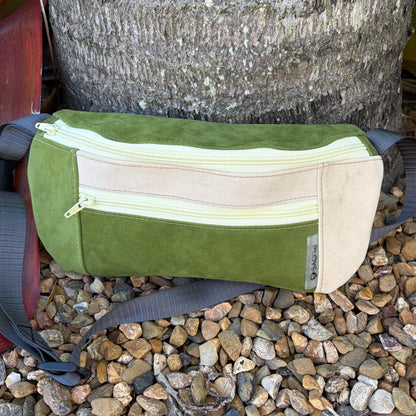 Velvet soft leather like sturdy weather proof bum bag with a long strap handmade from upcycled pvc 