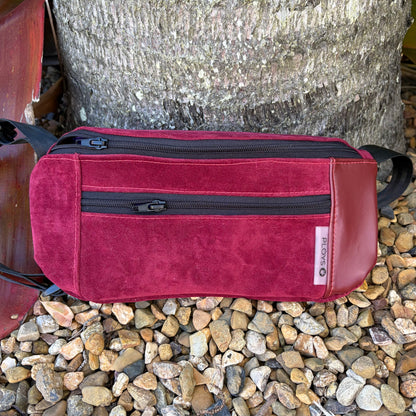 Velvet soft leather like sturdy weather proof bum bag with a long strap handmade from upcycled pvc 