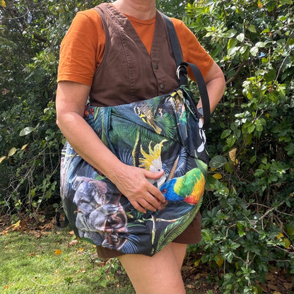 Tasuki duffel bag made from upcycled colourful umbrellas with native Australian animal prints perfect for a weekend away, light waterproof and spacious with long adjustable shoulder strap.