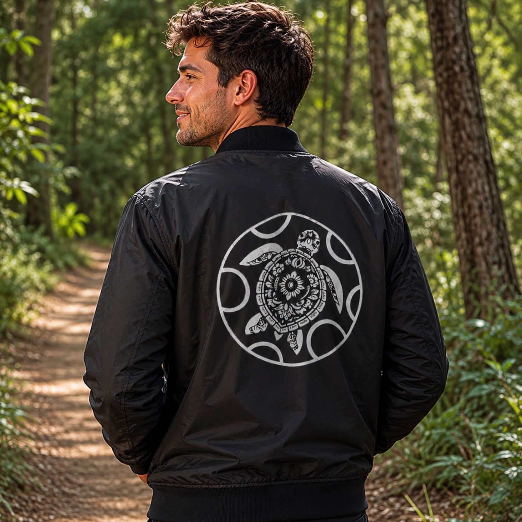 Bomber jacket made from 100% recycled plastic with turtle logo in black and white, warm for cooler temperatures