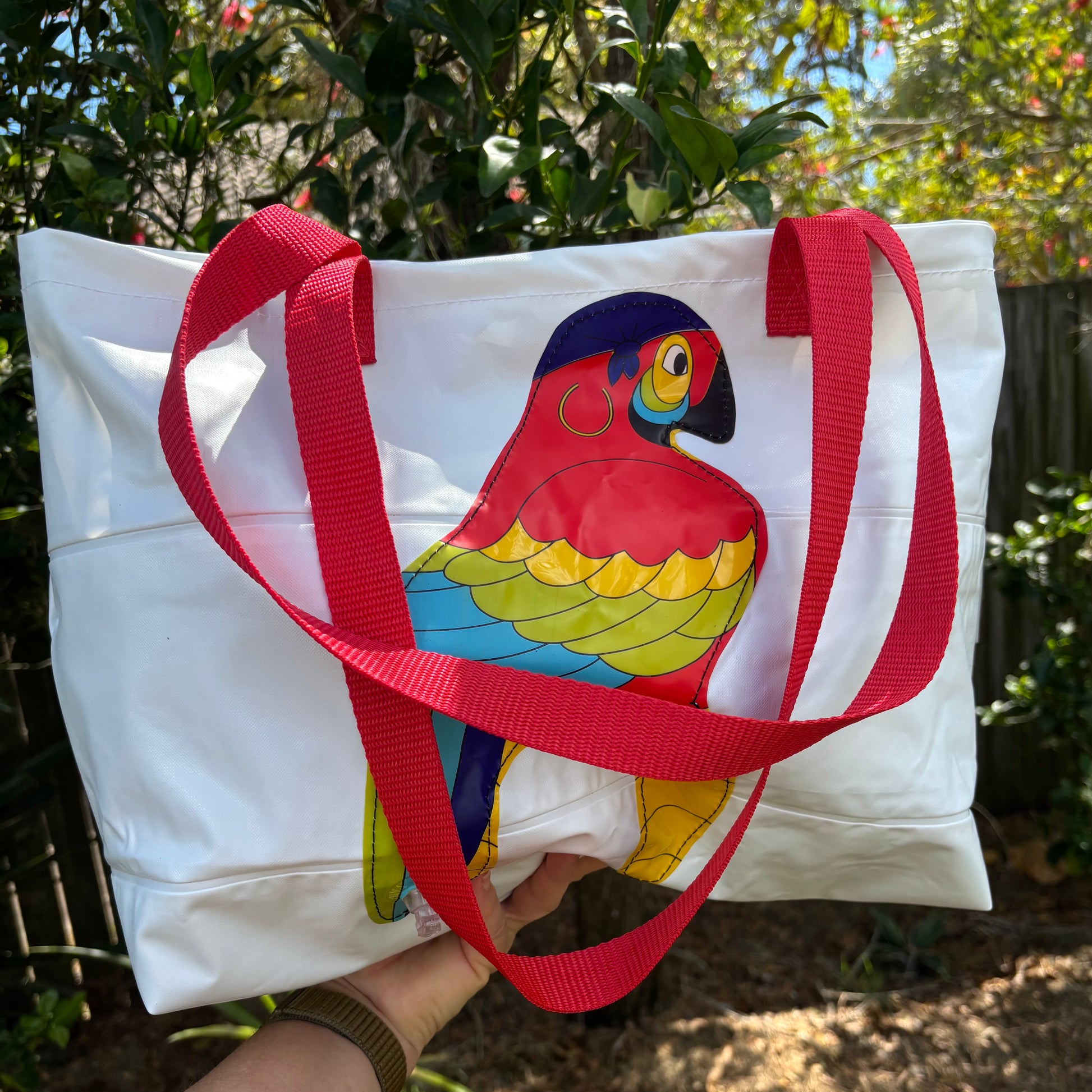 Upcycled Beach bag with parrot appliqué 