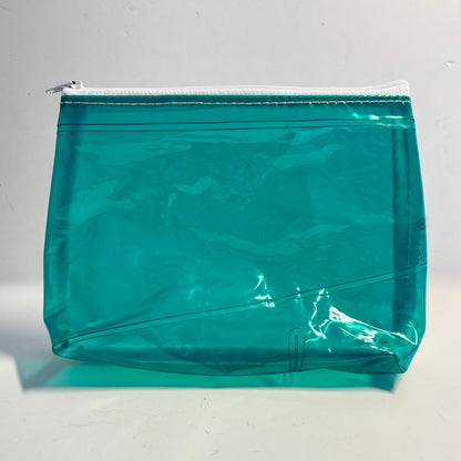 Upcycled cosmetics purse handmade from repurposed pool inflatables using recycled PVC plastic.