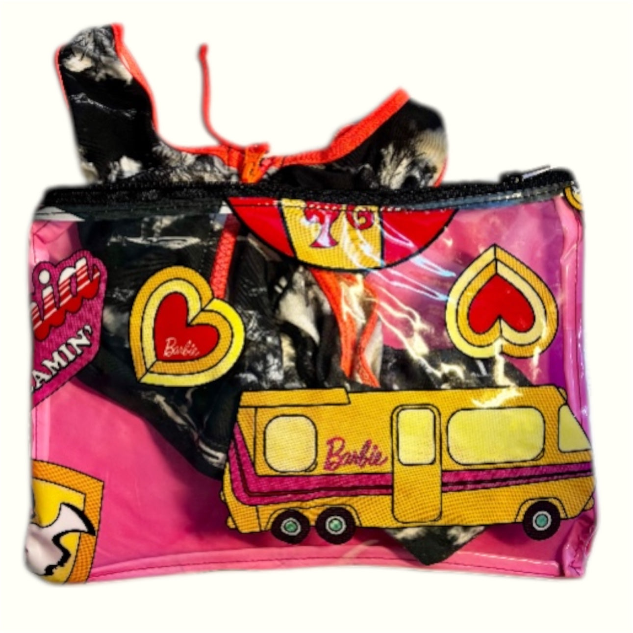 Colourful wet bag with Barbie truck design on a white background