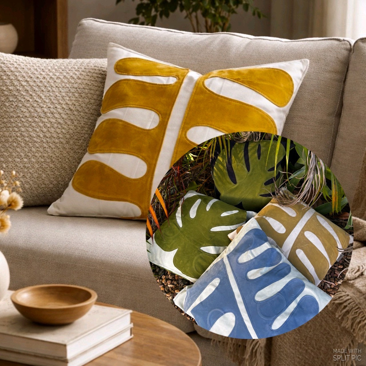 Upcycled air mattress cushion covers styled as decorative indoor and outdoor pillows, featuring a modern New York loft industrial aesthetic, weather-resistant design, and sustainable eco-friendly home décor that helps reduce plastic waste.