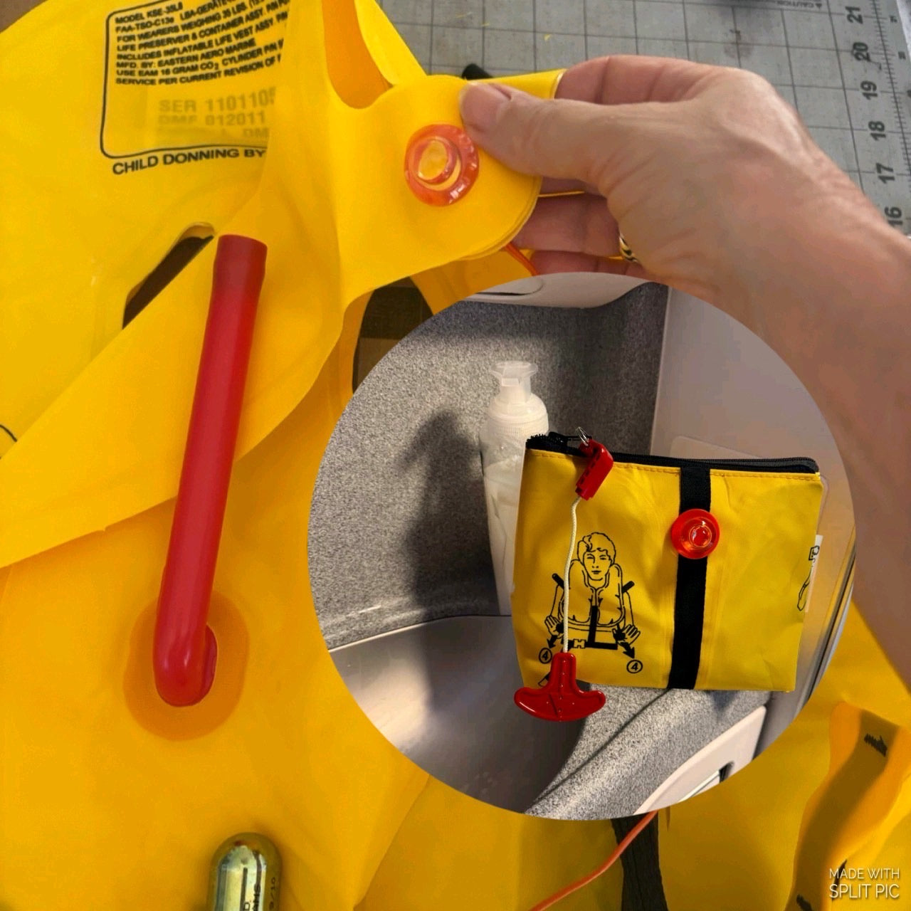 Upcycled cosmetics purse made from repurposed airline life jackets, durable and water-resistant travel pouch with a unique one-of-a-kind design, sustainable eco-friendly makeup bag that helps reduce plastic waste